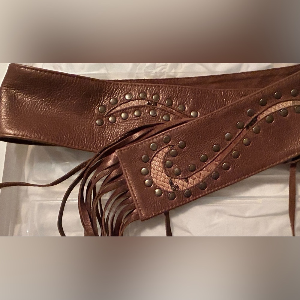 “Jacqueline Jarrot” bronze mettalic leather hip wrap belt. 36-38” hips.